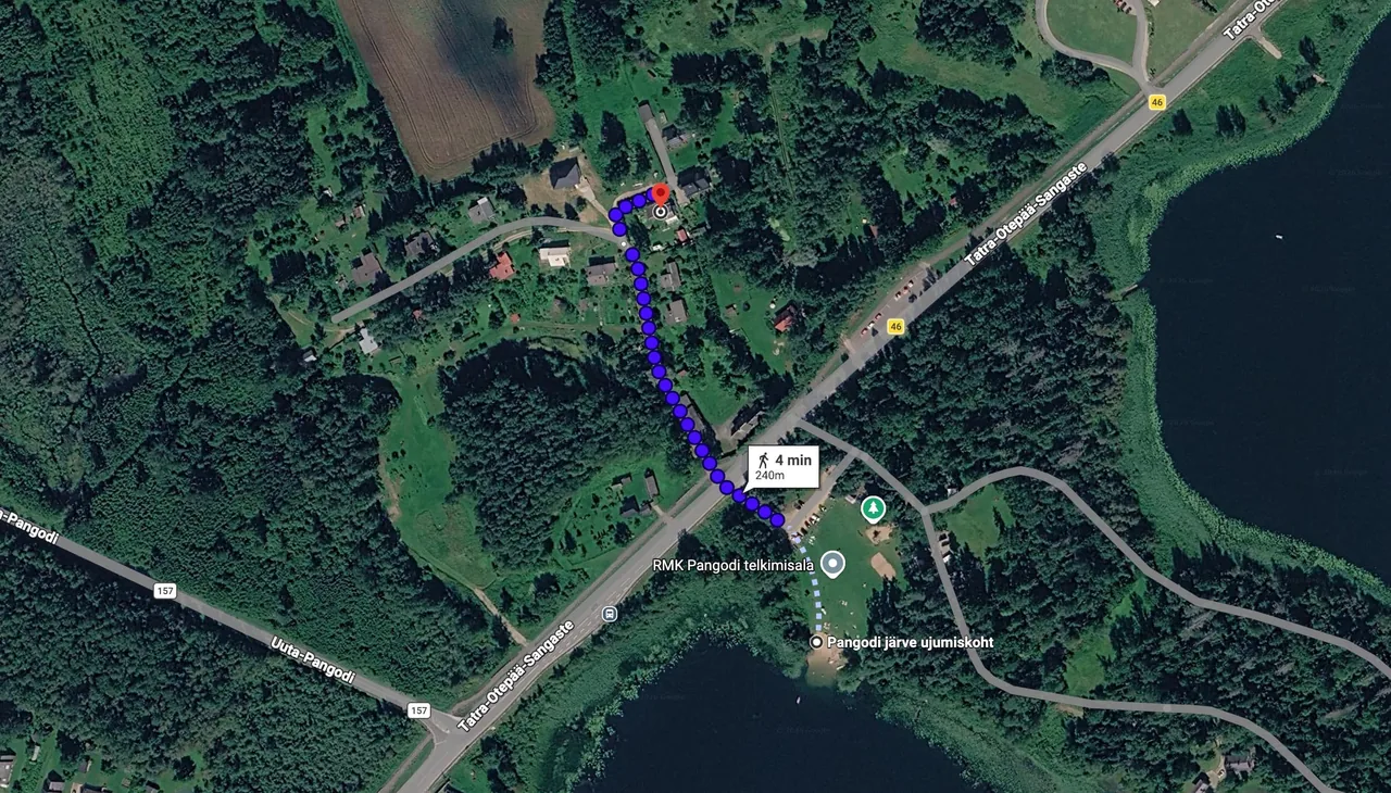 Kaart: jalutustee majast Pangodi järve ujumiskohani